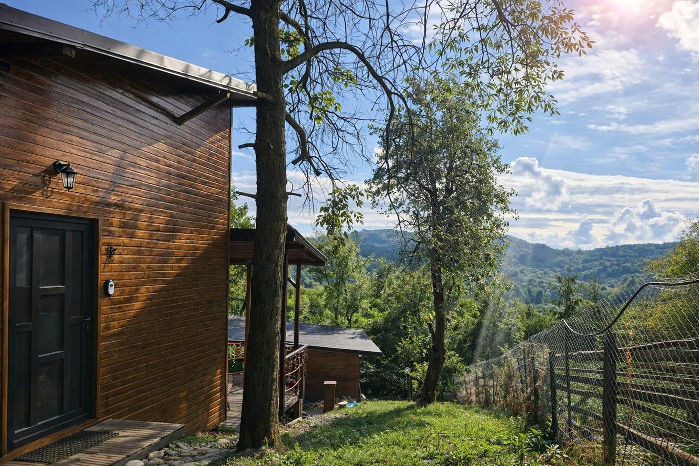 Cabana văzută din curte cu trees și flori