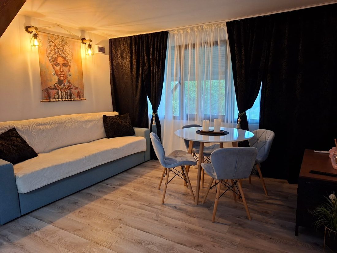 Sufrageria cu canapea, masă rotundă și tablou decorativ
