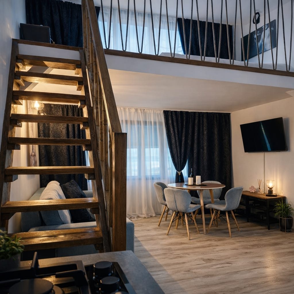 Interior cabană cu scara spre mezanin și masa rotundă